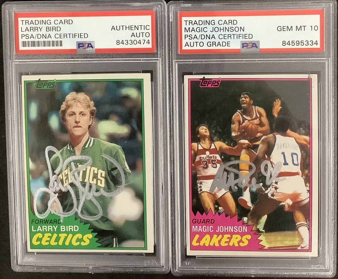 Larry Bird + Magic Johnson Signed 1981 Topps Rookie Card Pair Auto PSA/DNA MJ 10 (1 of 4)