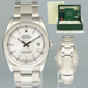 2010 PAPERS MINT Rolex DateJust 36 116200 Silver Stick Oyster Steel 36mm Watch
