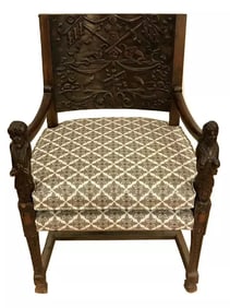 Antique English Renaissance Baroque Gothic Carved Wood Figural Arm Chair Throne~(37-1/4"H x 24"D x
