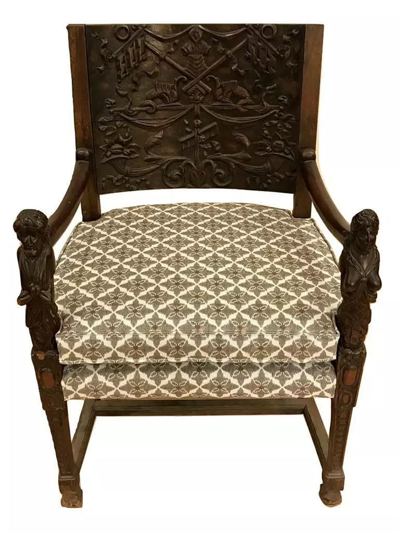 Antique English Renaissance Baroque Gothic Carved Wood Figural Arm Chair Throne~(37-1/4"H x 24"D x: Features: Carvings,Item Width: See Listing,Time Period Manufactured: 1800-1899,Item Length: See Listing,Item Height: See Listing,Material: Wood,Brand: Unbranded,Style: Renaissance,Antique: Yes,Color: