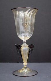 Venetian Murano Water Goblet Gold Mica Fleck & Black, Circa 1950