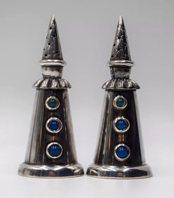 Pair of Jean Boggio Silver Salt & Pepper Shakers w/Cabochon Stones