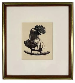 Antique 1937 Clare Leighton 3/40 Woman with Flowers Signed Woodblock Art Print