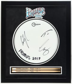 PRIMUS Signed Drumhead Display W/ AUTOGRAPH Sticks JSA COA Claypool Alexander +1
