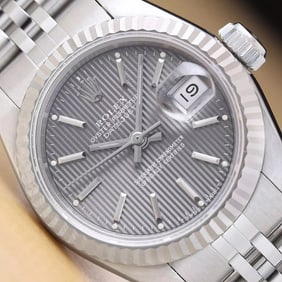 ROLEX LADIES DATEJUST 69174 GRAY TAPESTRY 18K WHITE GOLD STAINLESS STEEL WATCH