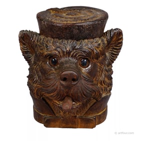 A Wooden Carved Black Forest Tobacco Box Terrier Head ca. 1900