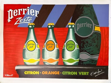 PERRIER ZESTE BERNARD VILLEMOT VINTAGE POSTER ON HEAVY PAPER on linen