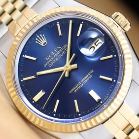 ROLEX MENS DATEJUST 16013 18K YELLOW GOLD STEEL BLUE DIAL 2-TONE JUBILEE WATCH
