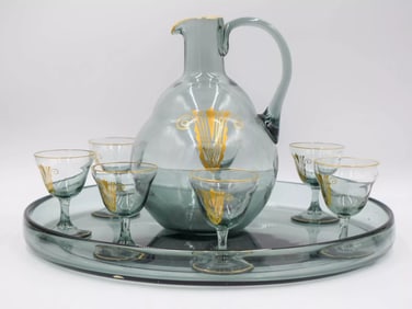 DAUM Nancy Art Deco Port Wine Drinking Set - Platter, Ewer and 6 Wines