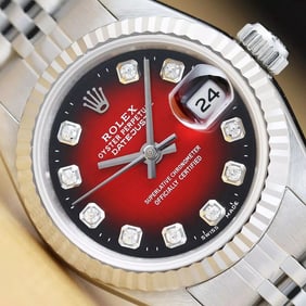 ROLEX LADIES DATEJUST 69174 RED VIGNETTE DIAMOND DIAL 18K WHITE GOLD STEEL WATCH