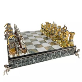 STUNNING Giuseppe Vasari Gorham Silvered Bronze Marble Pieces & Board Chess Set