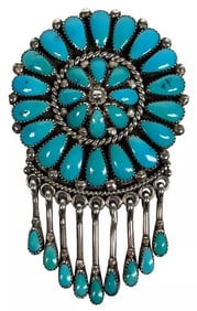 Native Zuni Lorraine Waatsa LW Sterling Silver Turquoise Cluster Pendant Brooch