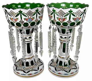 Pair 14.5" Antique Bohemian Czech Cut to Green Art Glass Crystal Mantel Lusters
