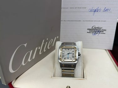 Cartier Santos Galbee Ref 1566 Midsize 18K Yellow Gold Stainless Steel Box Paper