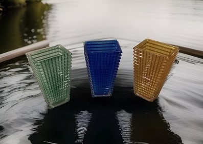 Set Of 3 Heavy Crystal Multi Color Vases Maker Not Baccarat H12?? Glass Art