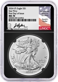 2024 (P) $1 1oz Silver Eagle Star Privy NGC MS70 First Day of Issue Ryder Signed