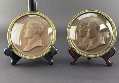 Pair 1800s French Bronze Patinated Lead Napoleon Marie Louise Medals, Andrieu