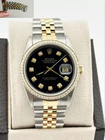 Rolex Datejust 16263 Black Diamond Dial and Bezel 18K Yellow Gold Stainless 36mm