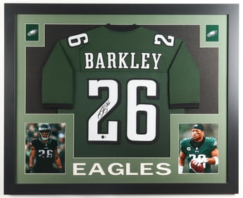 Saquon Barkley Signed Custom Framed Jersey Display (Beckett)