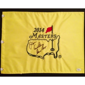 ARNOLD PALMER/JACK NICKLAUS/GARY PLAYER Signed 2014 MASTERS Pink Flag (JSA LOA)