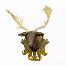 Huge Black Forest Carved Fallow Deer Head with Large Antlers ca. 1890