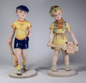 2 Wien Figurines Boy & Girl Tennis Players