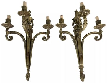 Large 20.5" Pair Antique French Louis XVI Empire Brass Bronze 3-Arm Wall Sconces