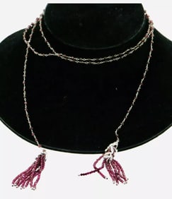 14 KARAT WHITE GOLD NATURAL DIAMOND & GARNET TASSEL WRAP LARIAT 54?? NECKLACE