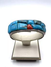 STUNNING VINTAGE CUSTOM TURQUOISE  / CORAL SILVER CUFF BRACELET HEAVY