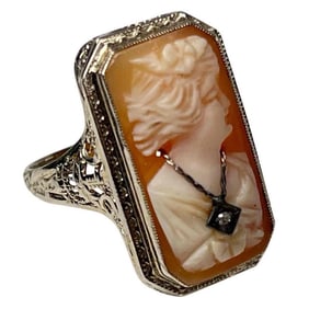 Antique Edwardian Victorian 14K White Gold Carved Cameo Lady Diamond Ring Size 6
