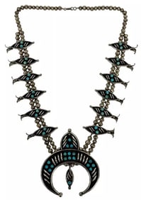 Navajo Native American Turquoise Sterling Silver Squash Blossom Fish Necklace