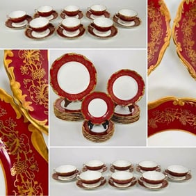 56pc Coalport Hazelton Maroon Red Gilt Porcelain Service for 8 Cream Soup Bowls