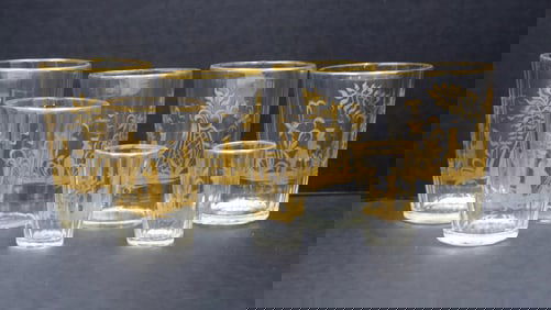 7 Rare Antique 18th/19thCentury German Bohemian Gold Gild Faceted Glass Tumblers
