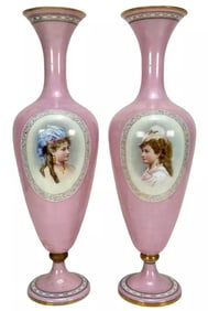 Pair Antique French Victorian Pink Painted Enameled Glass Portrait Vases Urns