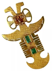 Estate 18K Gold Columbian Emeralds Aztek Tolima Ceremonial Knife Pendant Brooch