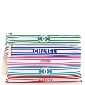 Chanel Venise Biarritz Zip Pouch Striped Canvas Large