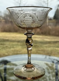 Steuben Rosa Engraved Champagne Glass, Grapes, Circa 1920