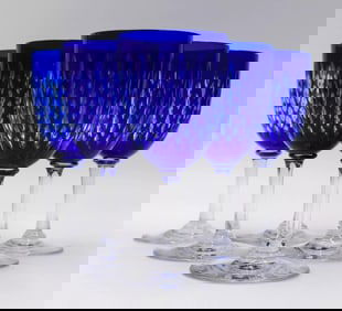 6 Baccarat Blue Cut to Clear Glass Wines - Paris Pattern