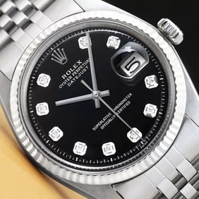 MENS ROLEX DATEJUST 18K WHITE GOLD & STAINLESS STEEL BLACK DIAMOND DIAL WATCH