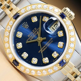 ROLEX LADIES DATEJUST 18K YELLOW GOLD DIAMOND SAPPHIRE & STEEL BLUE DIAL WATCH