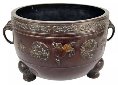 Antique 19thC Japanese Meiji Red Bronze Tripod Footed 12.5" Bowl Planter Vase