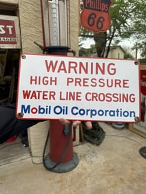 AUTHENTIC ORIGINAL PORCELAIN MOBIL OIL CORP- Pipeline Warning Sign