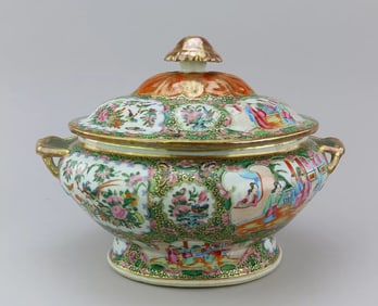 Impressive Mid 1800s Chinese Famille Rose Mandarin Bird Butterfly Large Tureen