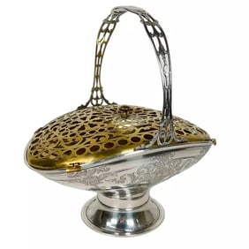 Antique Whiting Sterling Silver Floral Bride's Basket Centerpiece w/ Brass Cover