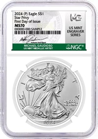 2024 (P) $1 Silver Eagle Star Privy NGC MS70 FDOI Gaudioso Mint Designer Series