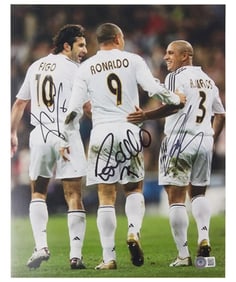 Ronaldo, Figo & Carlos Signed Soccer Print Size 12? x 16? with Beckett COA
