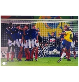 Roberto Carlos Signed Iconic Goal Soccer Print Size 7? x 11? with Beckett COA