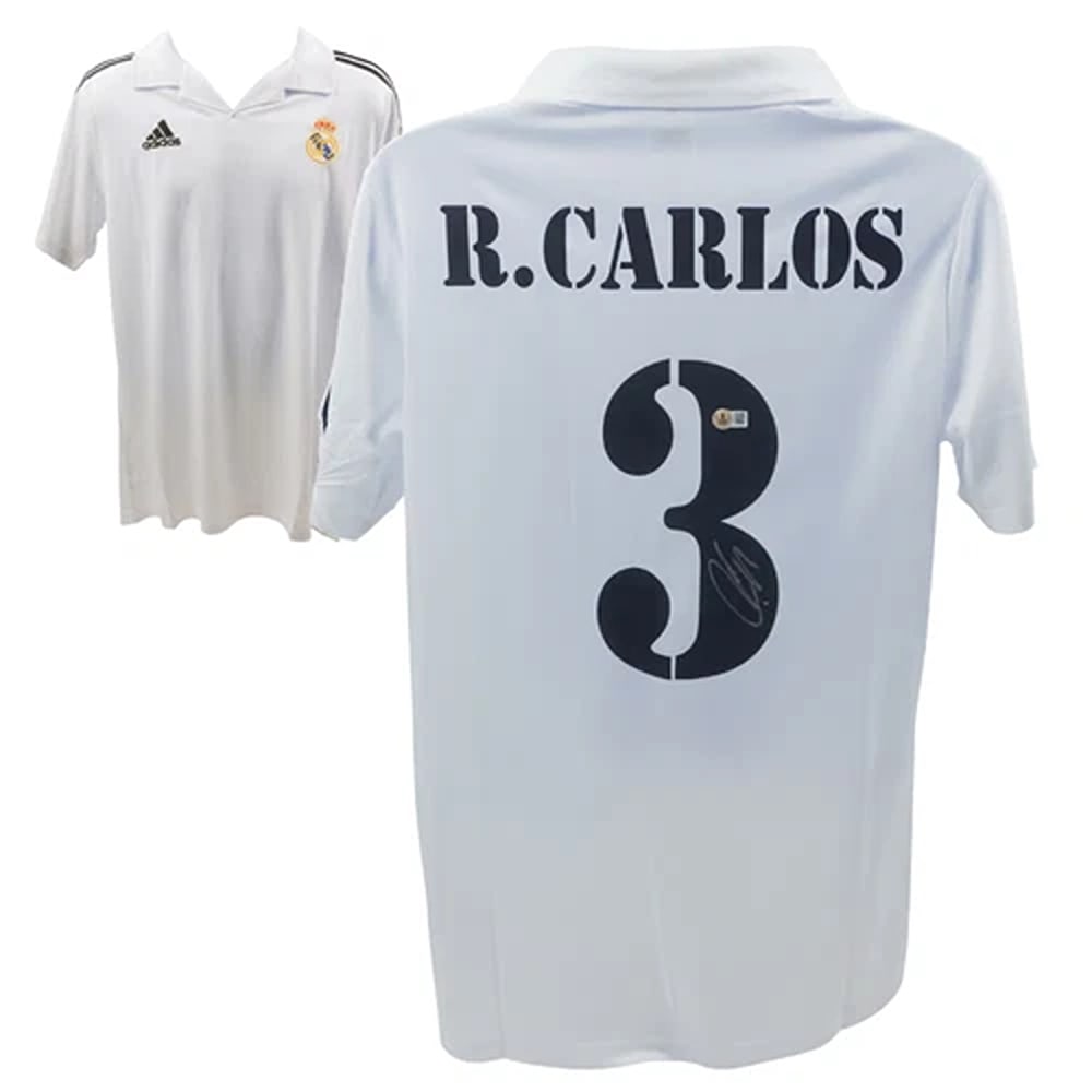 Roberto Carlos Signed Real Madrid FC Home Soccer Jersey #3 with Beckett Witness: Player: Roberto Carlos,Sport: Soccer,Signed: Yes,Autograph Authentication: Beckett Authentication Services (BAS),Product: Jersey,Team: Real Madrid FC