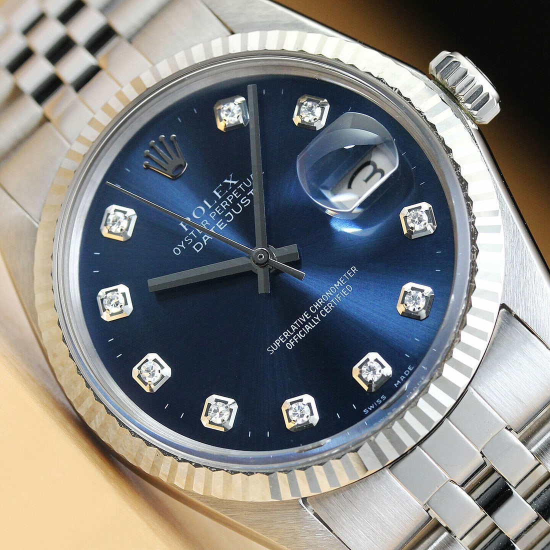 MENS ROLEX DATEJUST 18K WHITE GOLD & STAINLESS STEEL BLUE DIAMOND DIAL WATCH (1 of 2)