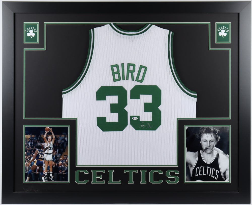 Larry Bird Signed 35x43 Custom Framed Jersey (Beckett COA): Custom frame measures approximately 35" x 43" in size and features a jersey that has been hand-signed by Larry Bird (HOF).The lot / autograph(s) includes an official Beckett Authentication Services se